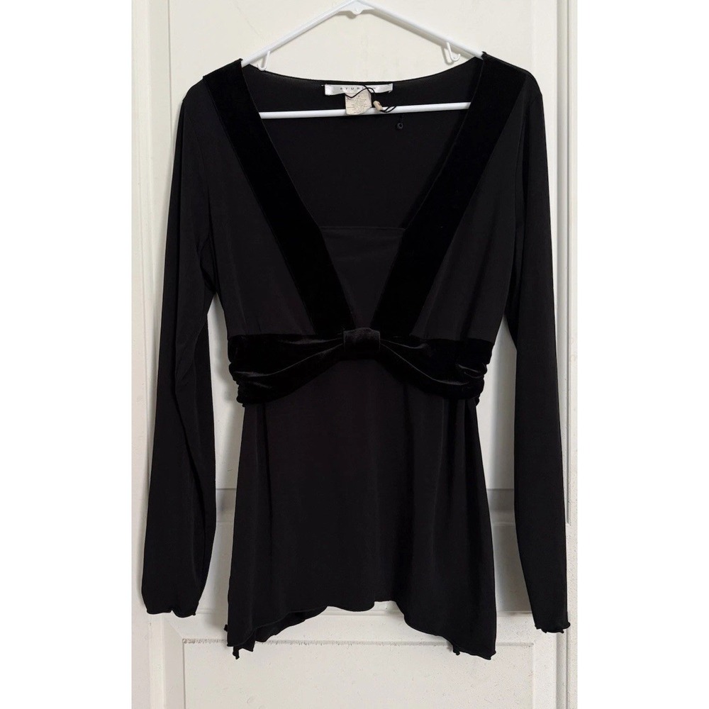 Studio M Y2k Black Velvet‎ Trim Long Sleeve Top Whimsigoth Fairy Grunge Empire